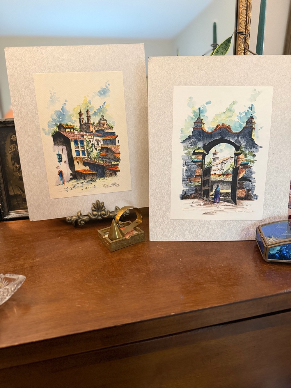Vintage Ruiz Signed Mexican Watercolor Paintings Set of 2 Colonial Villlage Scen